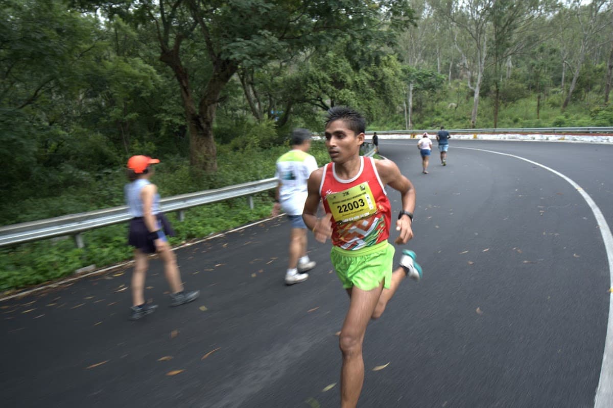 Large group running under green canopy