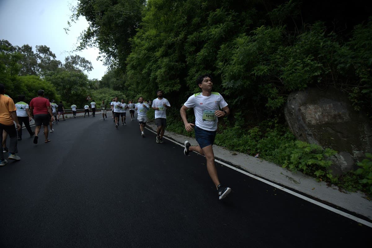 Runners in heavy fog near the summit